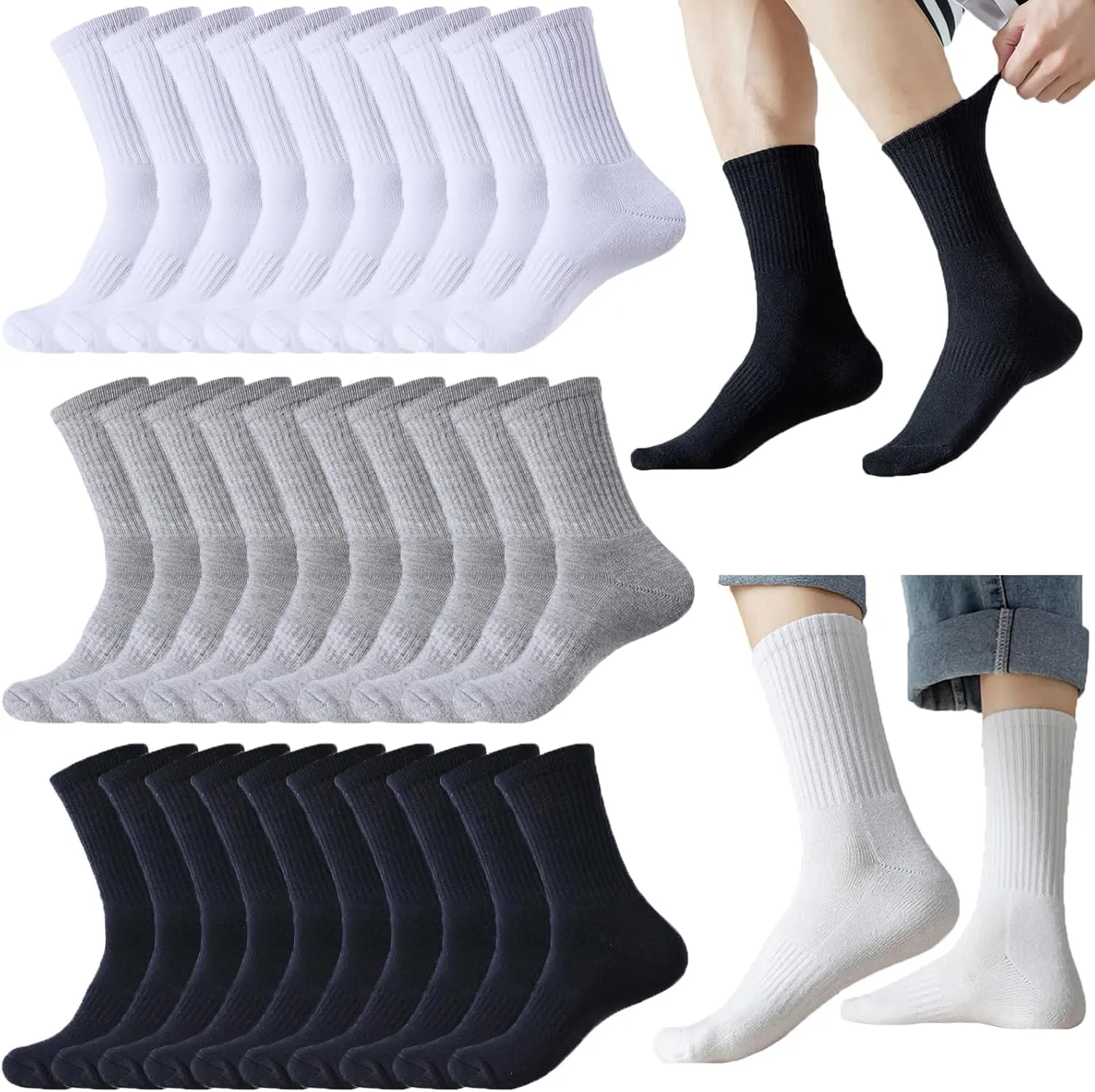 20 Pairs Crew Athletic Socks for Men Moisture Wicking Cushion Crew Socks for Sport Running Traveling