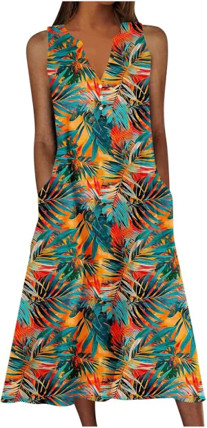 2025 Fashion Summer Dresses for Women Funny Floral Printed Sleeveless Beachwear Dress Casual Pocket Vacation Dress