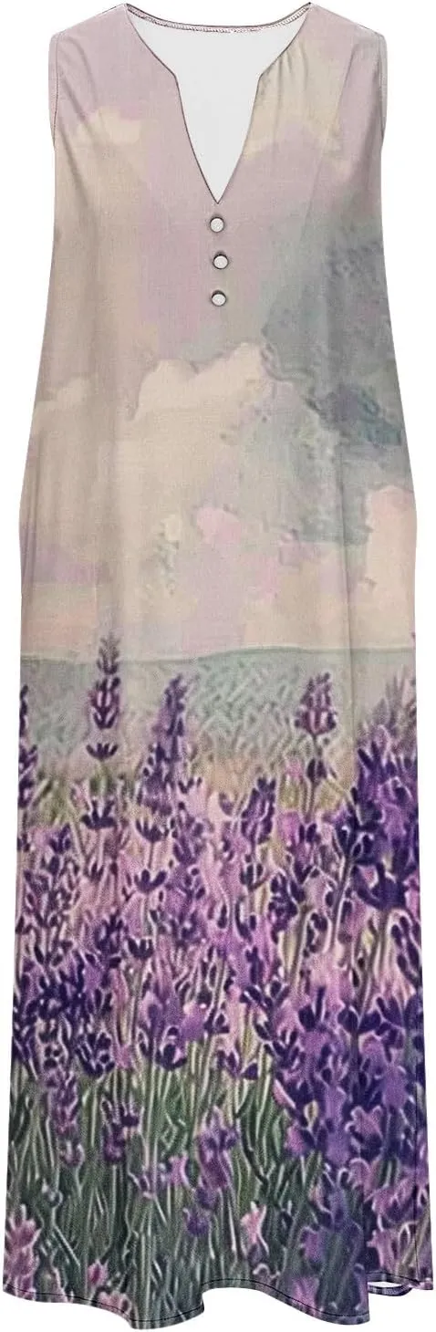 2025 Fashion Summer Dresses for Women Funny Floral Printed Sleeveless Beachwear Dress Casual Pocket Vacation Dress