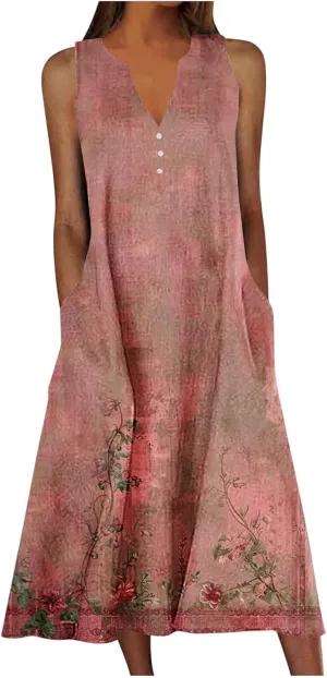 2025 Fashion Summer Dresses for Women Funny Floral Printed Sleeveless Beachwear Dress Casual Pocket Vacation Dress