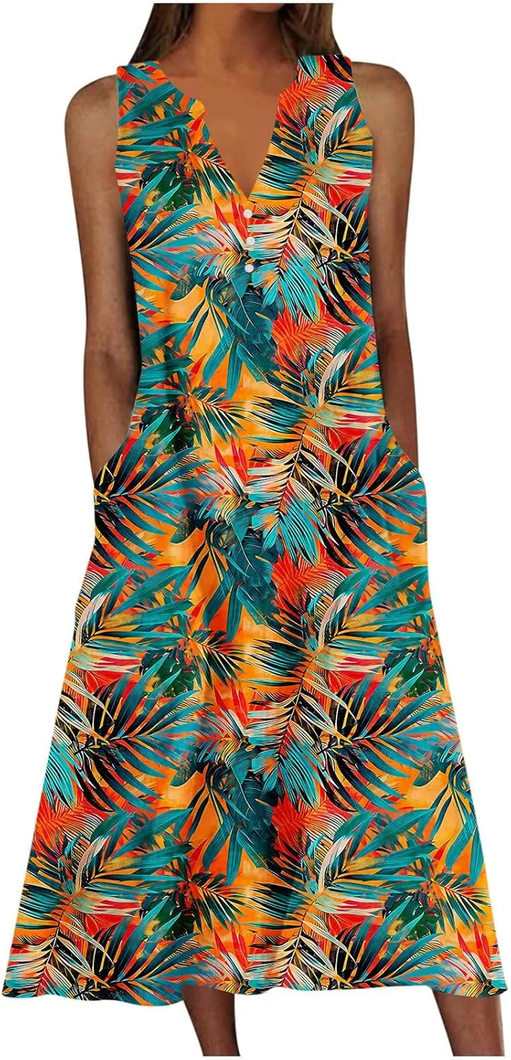 2025 Fashion Summer Dresses for Women Funny Floral Printed Sleeveless Beachwear Dress Casual Pocket Vacation Dress