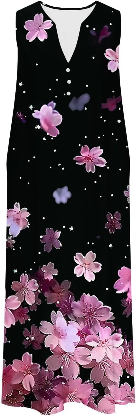 2025 Fashion Summer Dresses for Women Funny Floral Printed Sleeveless Beachwear Dress Casual Pocket Vacation Dress
