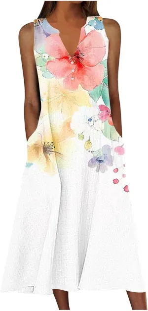 2025 Fashion Summer Dresses for Women Funny Floral Printed Sleeveless Beachwear Dress Casual Pocket Vacation Dress