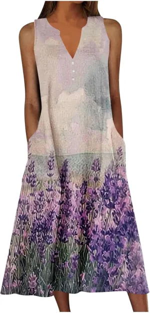 2025 Fashion Summer Dresses for Women Funny Floral Printed Sleeveless Beachwear Dress Casual Pocket Vacation Dress