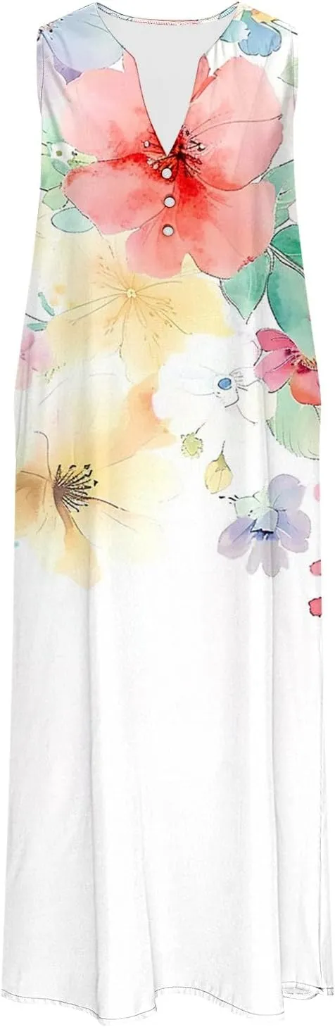2025 Fashion Summer Dresses for Women Funny Floral Printed Sleeveless Beachwear Dress Casual Pocket Vacation Dress