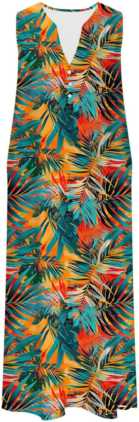 2025 Fashion Summer Dresses for Women Funny Floral Printed Sleeveless Beachwear Dress Casual Pocket Vacation Dress