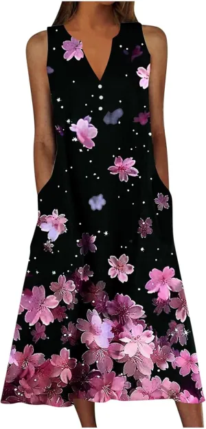 2025 Fashion Summer Dresses for Women Funny Floral Printed Sleeveless Beachwear Dress Casual Pocket Vacation Dress