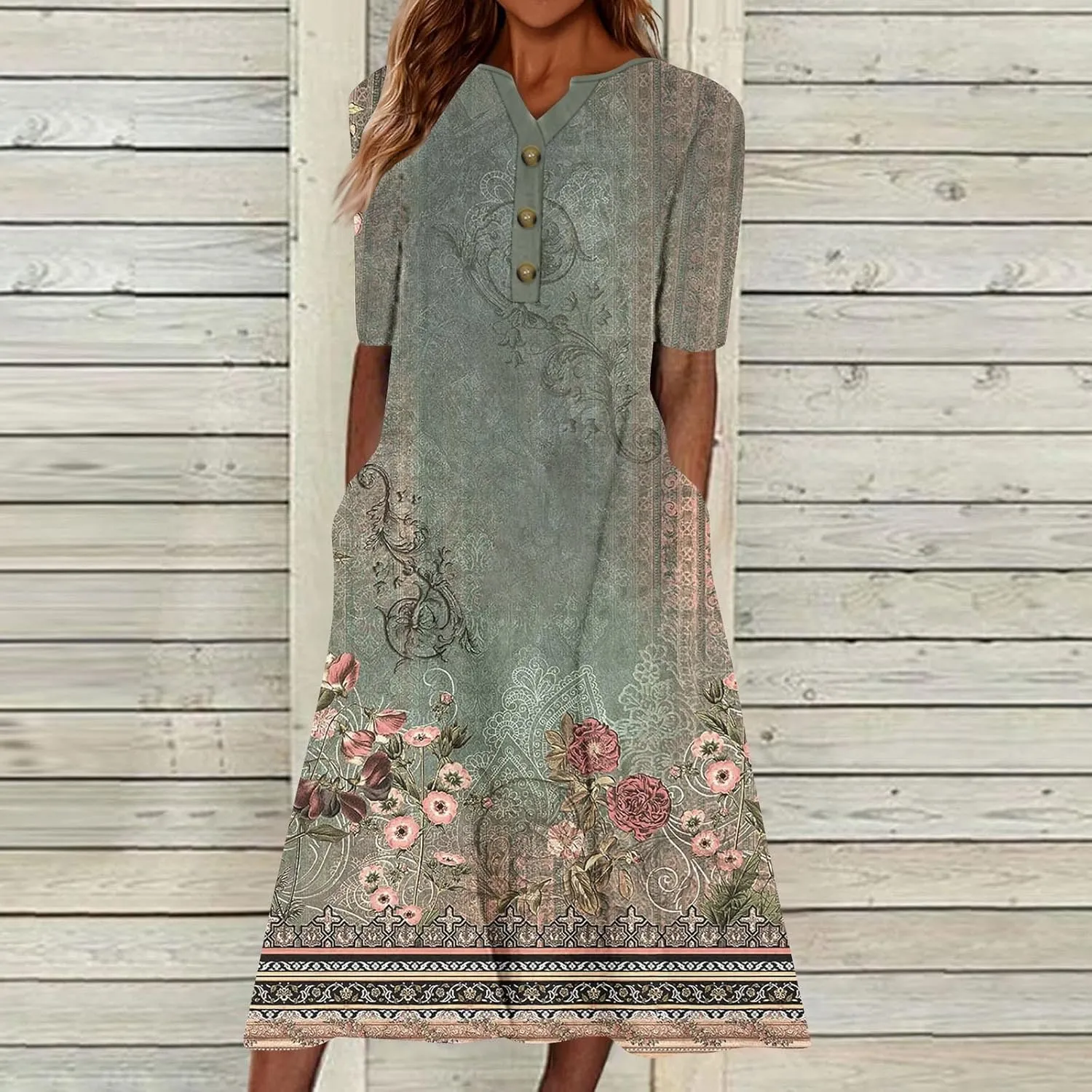 2025 Women Fashion Printed Dresses Button V-Neck Short Sleeve Casual Side Pocket Flowy Dresses Novelty Summer Clothes