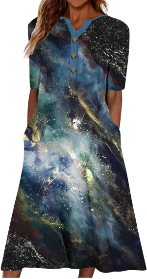2025 Women Fashion Printed Dresses Button V-Neck Short Sleeve Casual Side Pocket Flowy Dresses Novelty Summer Clothes