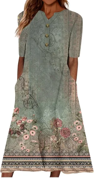 2025 Women Fashion Printed Dresses Button V-Neck Short Sleeve Casual Side Pocket Flowy Dresses Novelty Summer Clothes