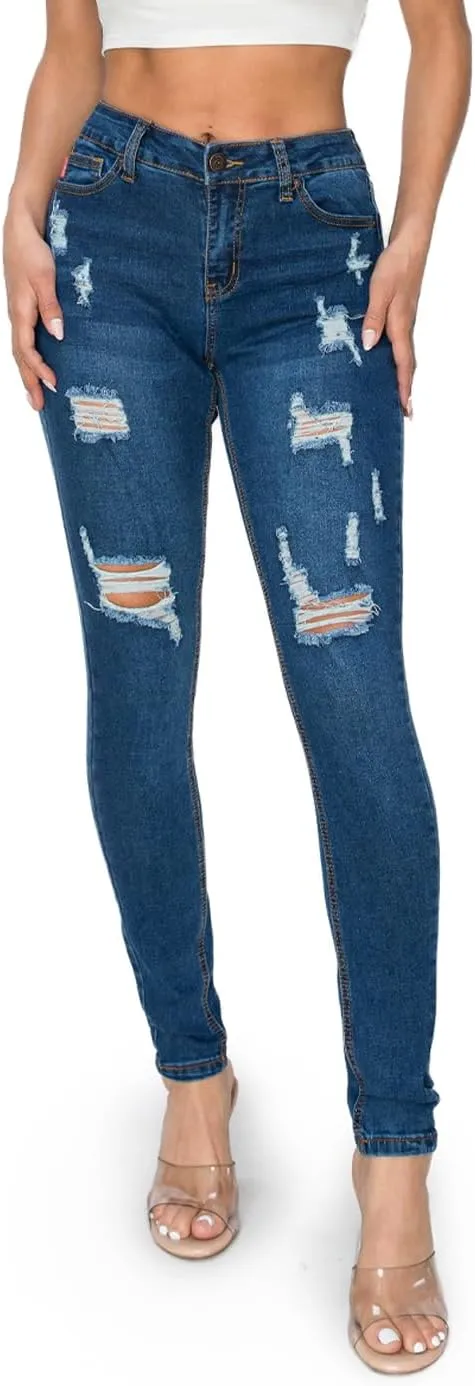 2LUV Women's Stretchy 5 Pocket Destroyed Dark Denim Ripped Skinny JeansÂ