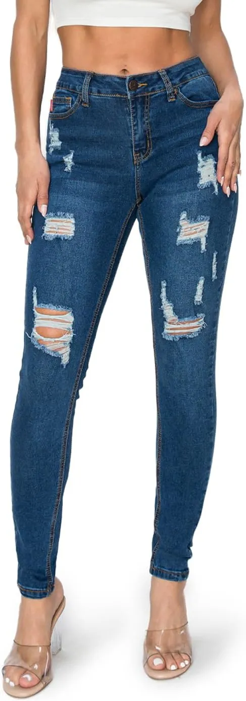 2LUV Women's Stretchy 5 Pocket Destroyed Dark Denim Ripped Skinny JeansÂ