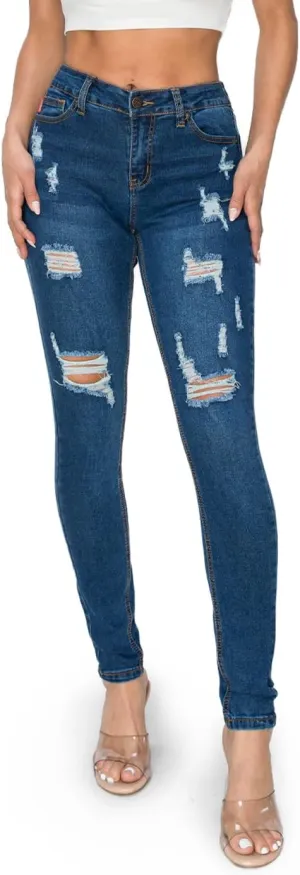 2LUV Women's Stretchy 5 Pocket Destroyed Dark Denim Ripped Skinny JeansÂ