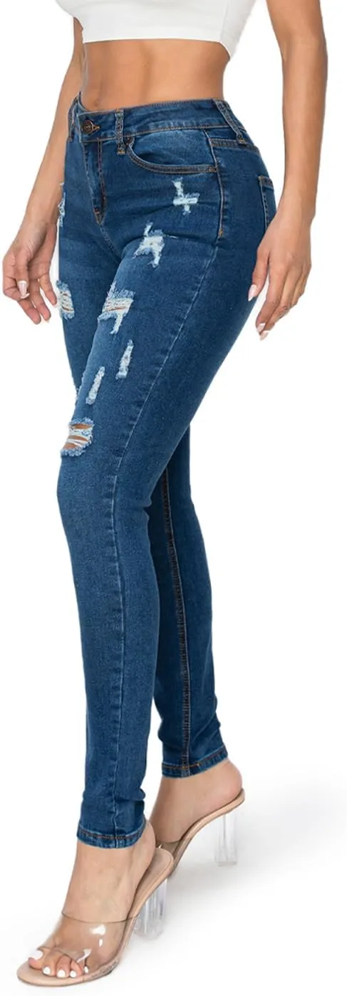 2LUV Women's Stretchy 5 Pocket Destroyed Dark Denim Ripped Skinny JeansÂ