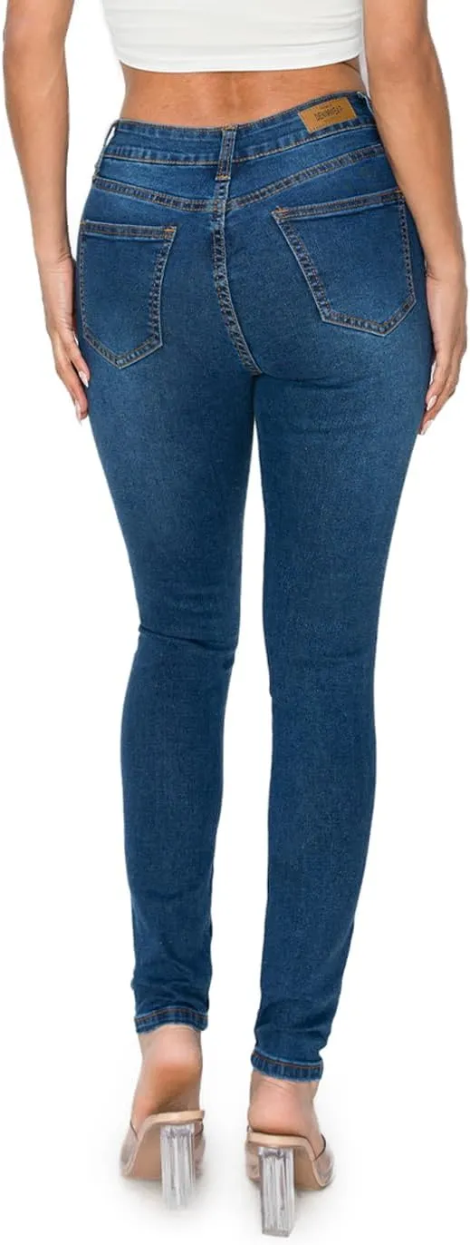 2LUV Women's Stretchy 5 Pocket Destroyed Dark Denim Ripped Skinny JeansÂ