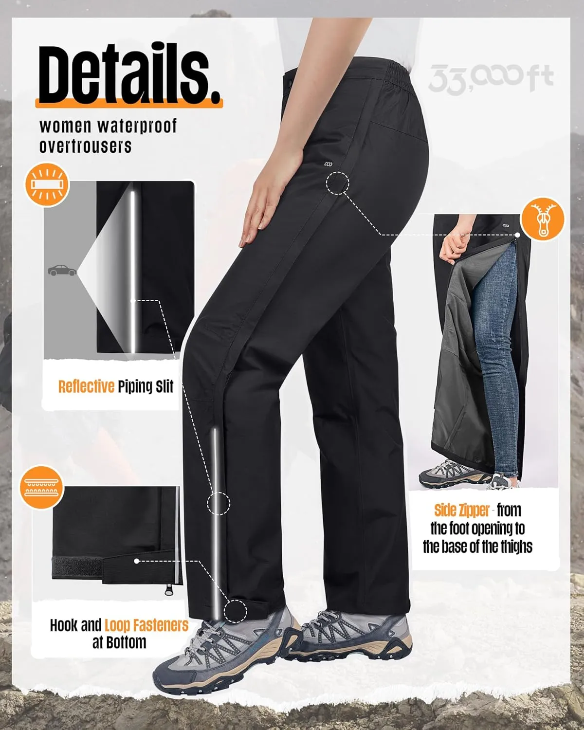 33,000ft Women's Full Zip Rain Pants Lightweight Rain Over Pants Windproof Outdoor Pants for Hiking Fishing Golf