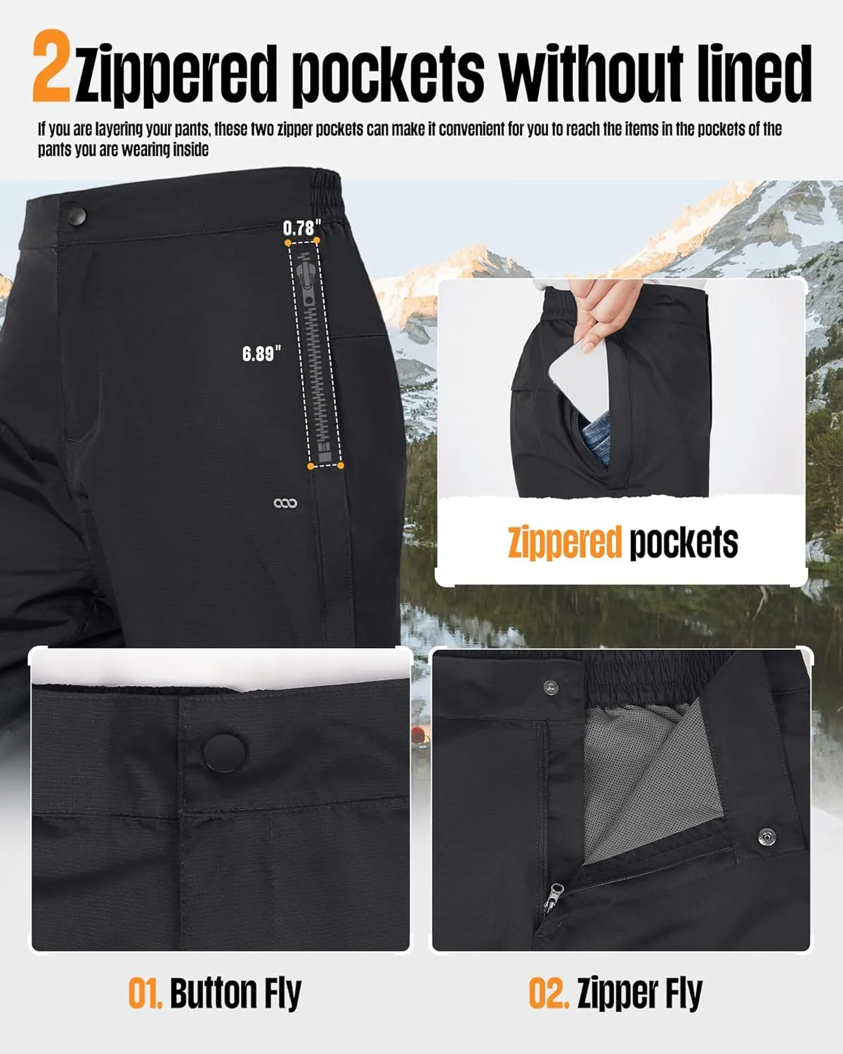 33,000ft Women's Full Zip Rain Pants Lightweight Rain Over Pants Windproof Outdoor Pants for Hiking Fishing Golf