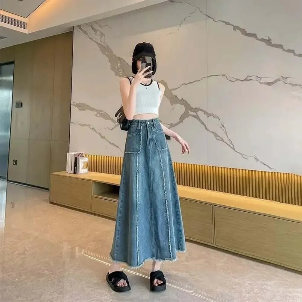 Adhdyuud Women High Waist A-Line Long Denim Skirt Casual Raw Hem Pocket Flowy Streetwear