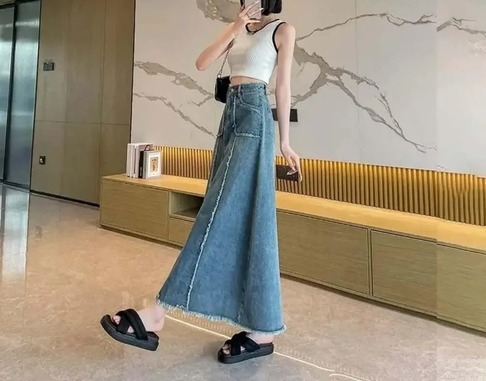 Adhdyuud Women High Waist A-Line Long Denim Skirt Casual Raw Hem Pocket Flowy Streetwear