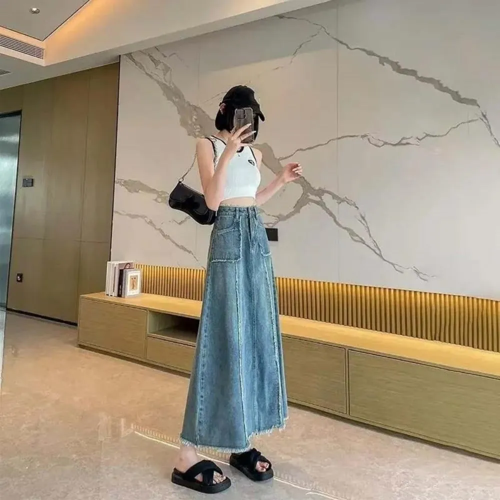 Adhdyuud Women High Waist A-Line Long Denim Skirt Casual Raw Hem Pocket Flowy Streetwear