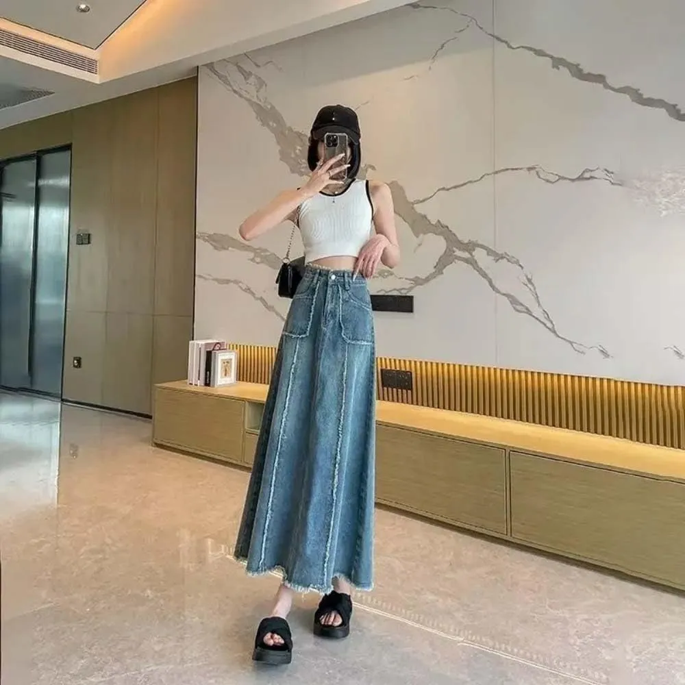Adhdyuud Women High Waist A-Line Long Denim Skirt Casual Raw Hem Pocket Flowy Streetwear