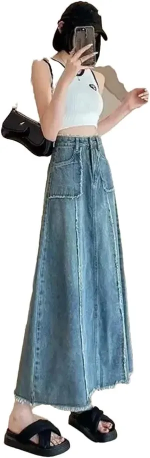 Adhdyuud Women High Waist A-Line Long Denim Skirt Casual Raw Hem Pocket Flowy Streetwear