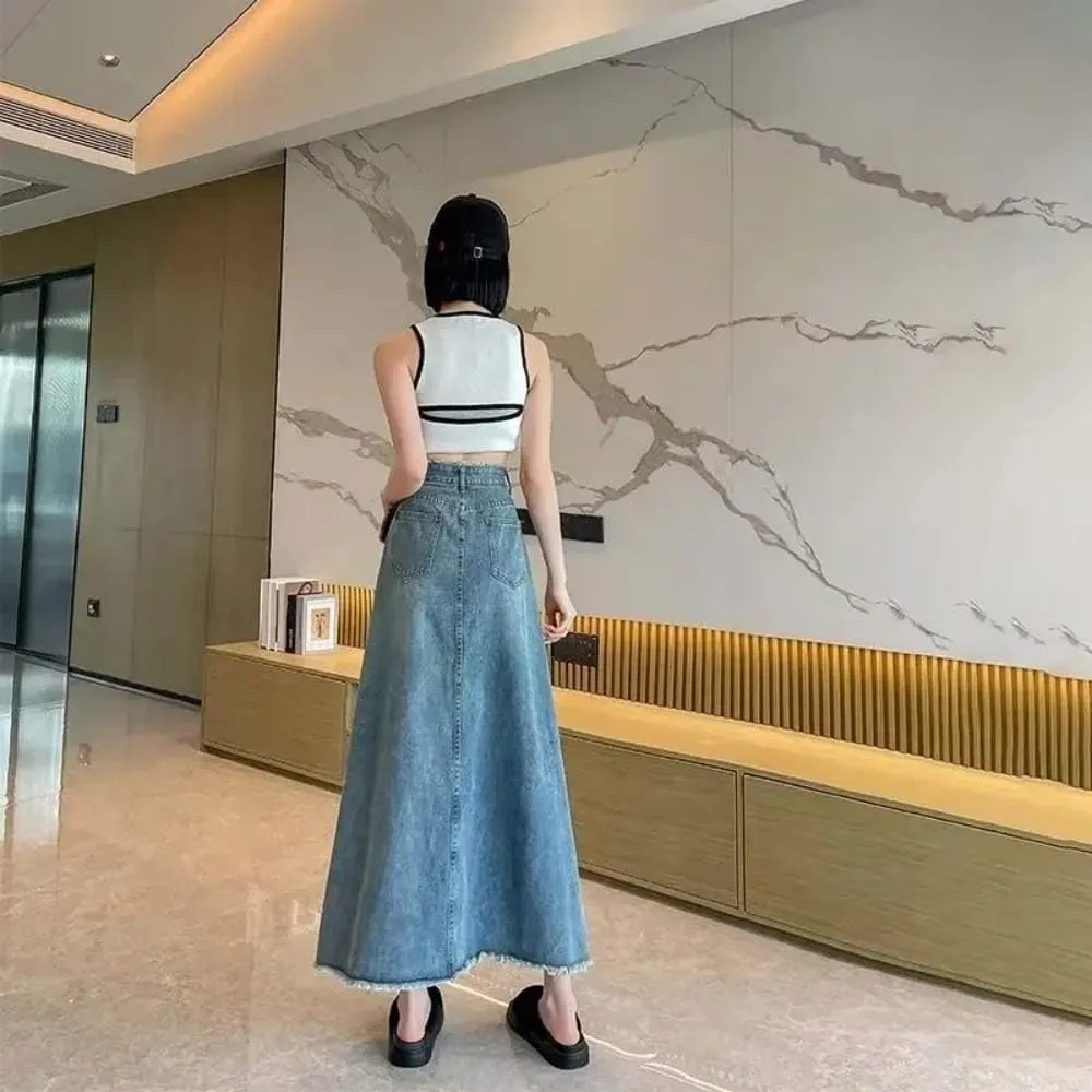 Adhdyuud Women High Waist A-Line Long Denim Skirt Casual Raw Hem Pocket Flowy Streetwear