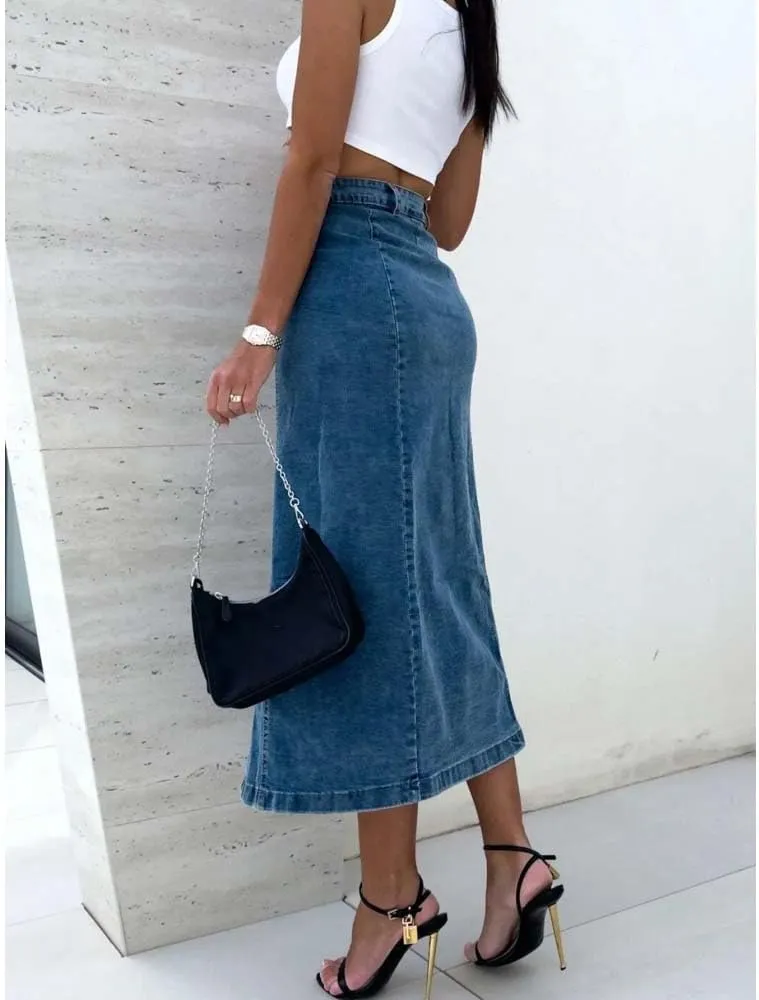 Adhdyuud Women High Waist Side Slit Button Denim Skirt Sexy Casual Street Style Slim Fit Midi Skirt