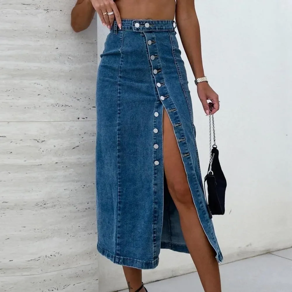Adhdyuud Women High Waist Side Slit Button Denim Skirt Sexy Casual Street Style Slim Fit Midi Skirt