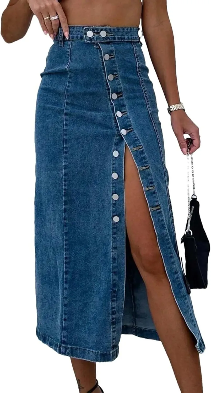Adhdyuud Women High Waist Side Slit Button Denim Skirt Sexy Casual Street Style Slim Fit Midi Skirt