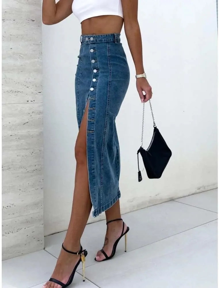 Adhdyuud Women High Waist Side Slit Button Denim Skirt Sexy Casual Street Style Slim Fit Midi Skirt