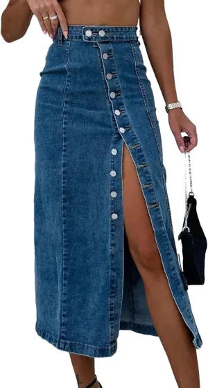 Adhdyuud Women High Waist Side Slit Button Denim Skirt Sexy Casual Street Style Slim Fit Midi Skirt