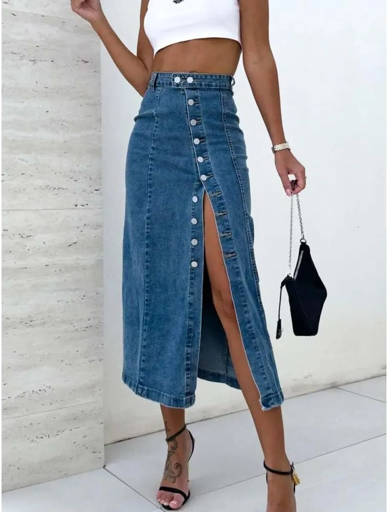 Adhdyuud Women High Waist Side Slit Button Denim Skirt Sexy Casual Street Style Slim Fit Midi Skirt
