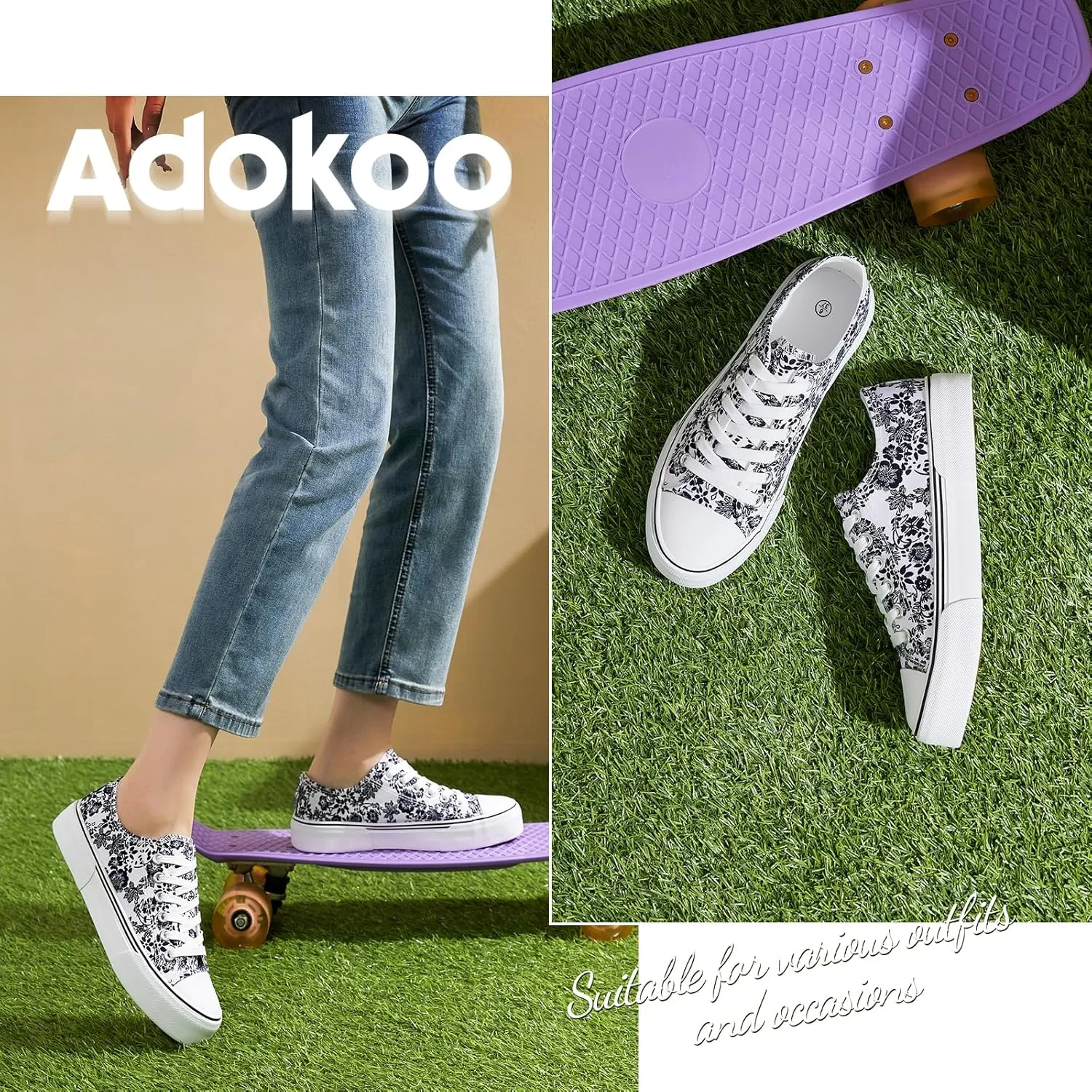 Adokoo Canvas Tennis Shoes for Women Low Top Casual White Black Sneakers for Women Lace Up Fashion Comfortable Walking Shoes