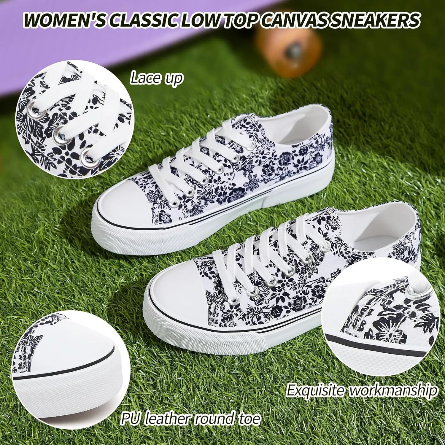 Adokoo Canvas Tennis Shoes for Women Low Top Casual White Black Sneakers for Women Lace Up Fashion Comfortable Walking Shoes