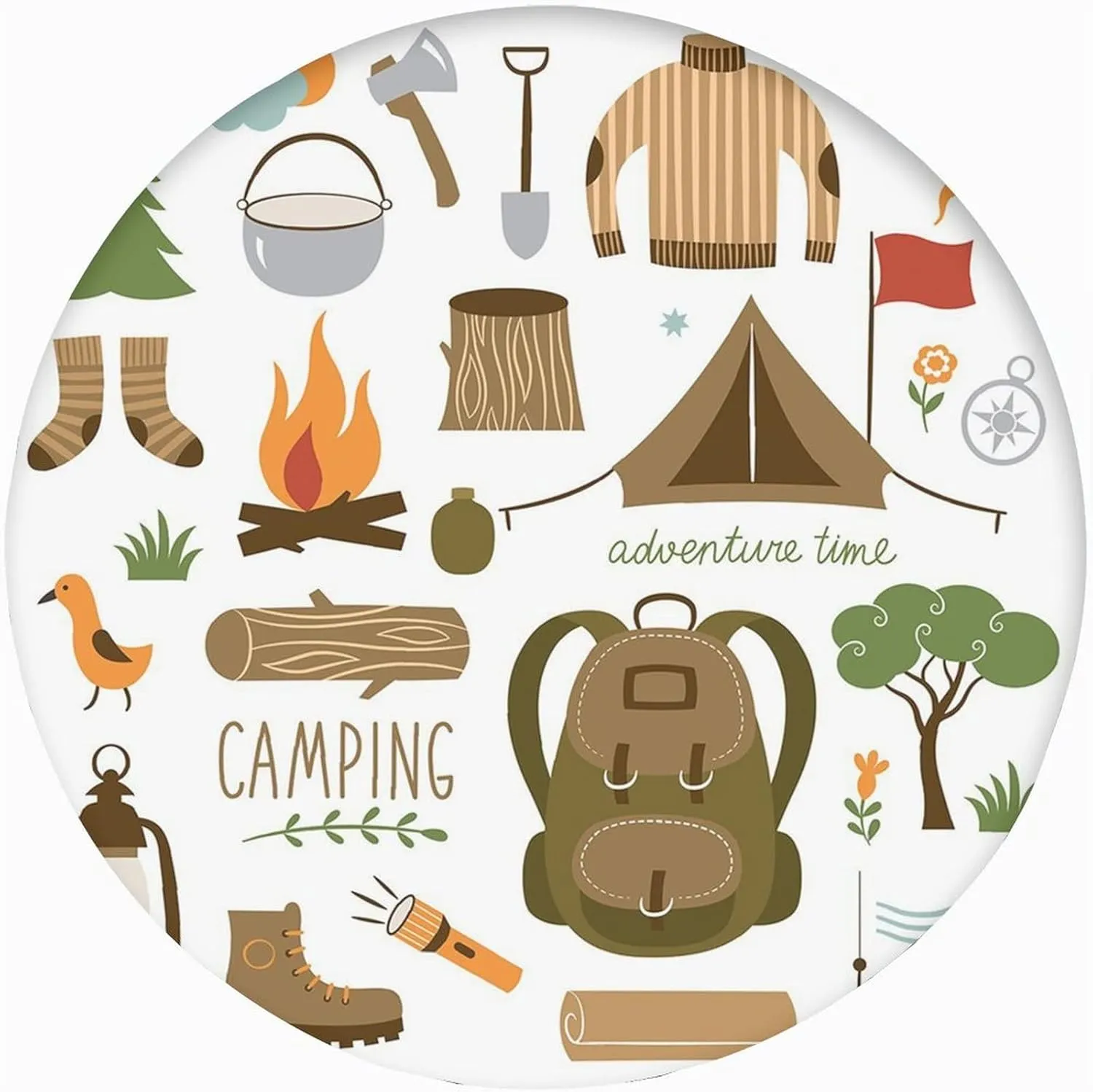 Adventure Round,Camping Equipment Sleeping Bag Boots Print Edged Polyester Table Pad Diameter Suitable for Any Place You Want to use Holiday Party 60x60inch