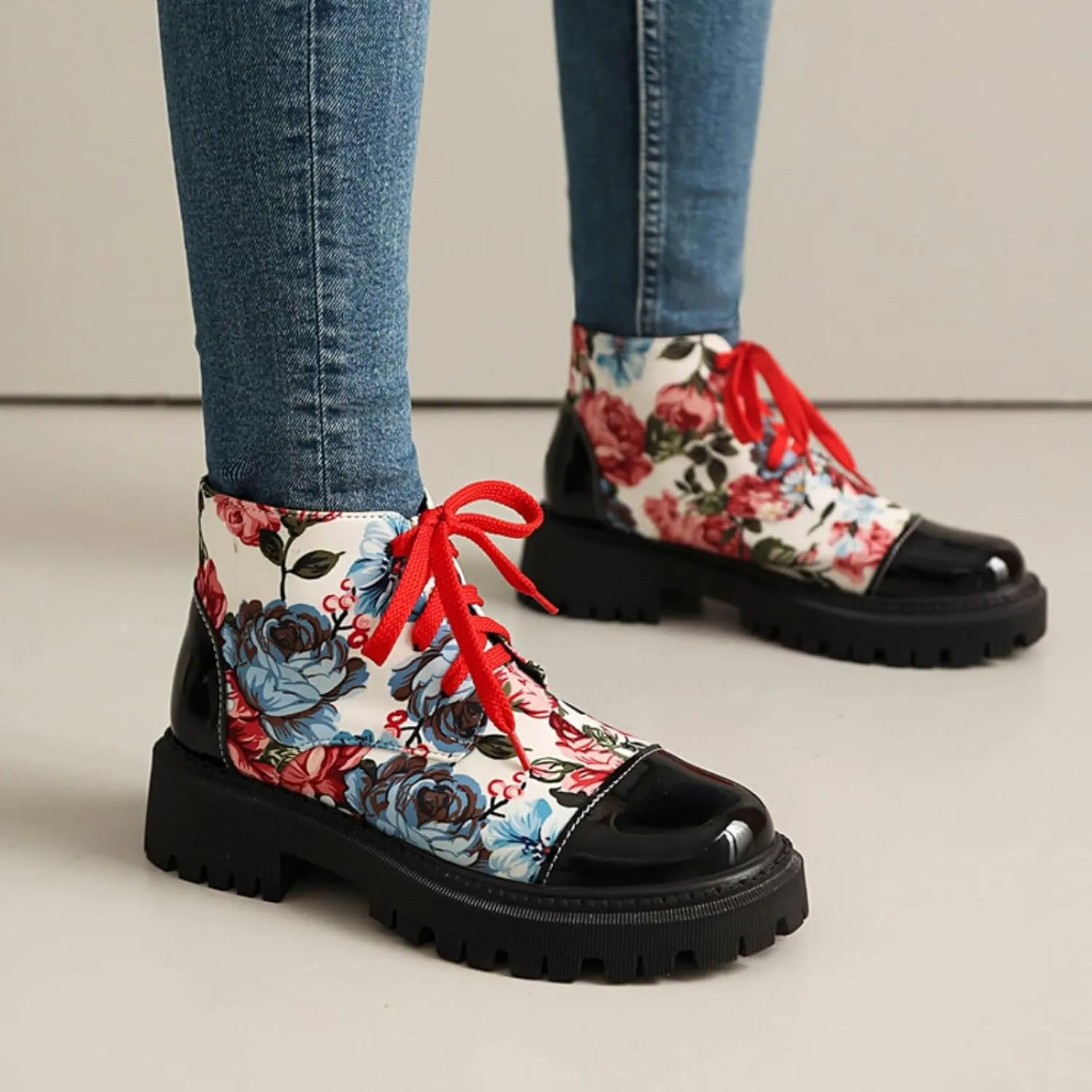 Aflngle Women's Block Platform Floral Pattern Lace Up Flat Ankle Boots Fashion Round Toe Low Heel Gothic Combat Boots Punk Motorcycle Short Booties