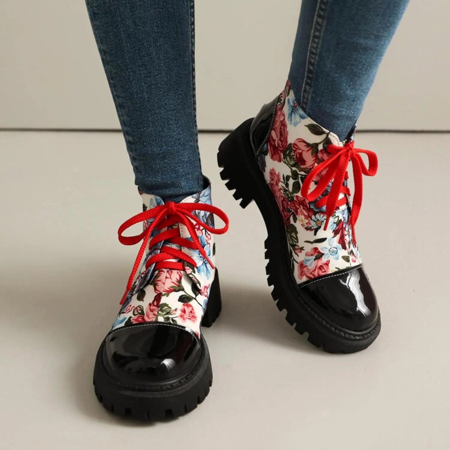 Aflngle Women's Block Platform Floral Pattern Lace Up Flat Ankle Boots Fashion Round Toe Low Heel Gothic Combat Boots Punk Motorcycle Short Booties