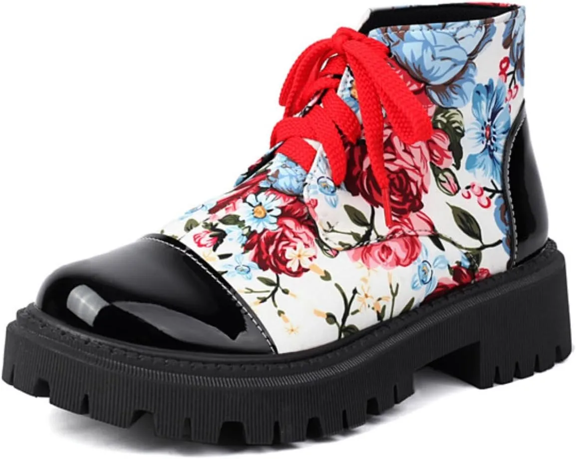 Aflngle Women's Block Platform Floral Pattern Lace Up Flat Ankle Boots Fashion Round Toe Low Heel Gothic Combat Boots Punk Motorcycle Short Booties