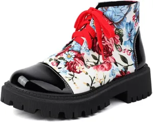 Aflngle Women's Block Platform Floral Pattern Lace Up Flat Ankle Boots Fashion Round Toe Low Heel Gothic Combat Boots Punk Motorcycle Short Booties