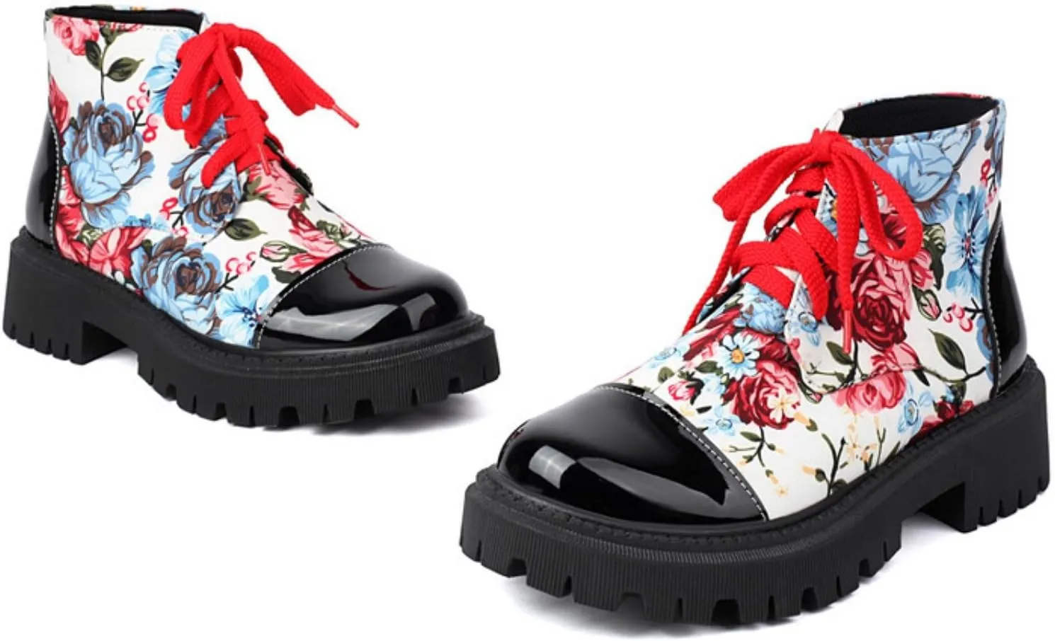 Aflngle Women's Block Platform Floral Pattern Lace Up Flat Ankle Boots Fashion Round Toe Low Heel Gothic Combat Boots Punk Motorcycle Short Booties