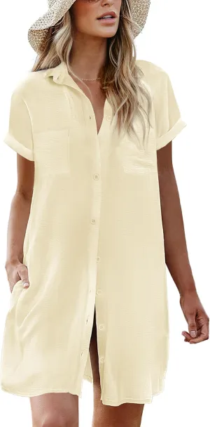 AI'MAGE Womens Bathing Suit Cover Ups Summer Shirt Dress Casual Short Sleeve Button Down Beach Shirts with Pockets S-XXL