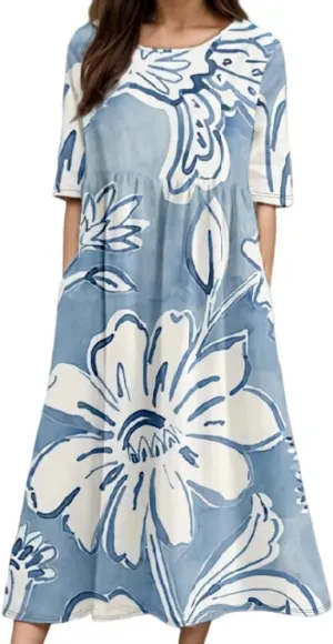 Akivide Women's Spring Summer Colorful Bohemian Maxi Dress with Pocket Casual Boho Floral Print Short Sleeve Flowy Dresses