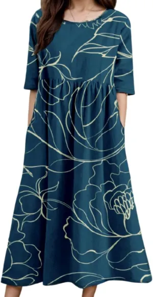 Akivide Women's Spring Summer Colorful Bohemian Maxi Dress with Pocket Casual Boho Floral Print Short Sleeve Flowy Dresses