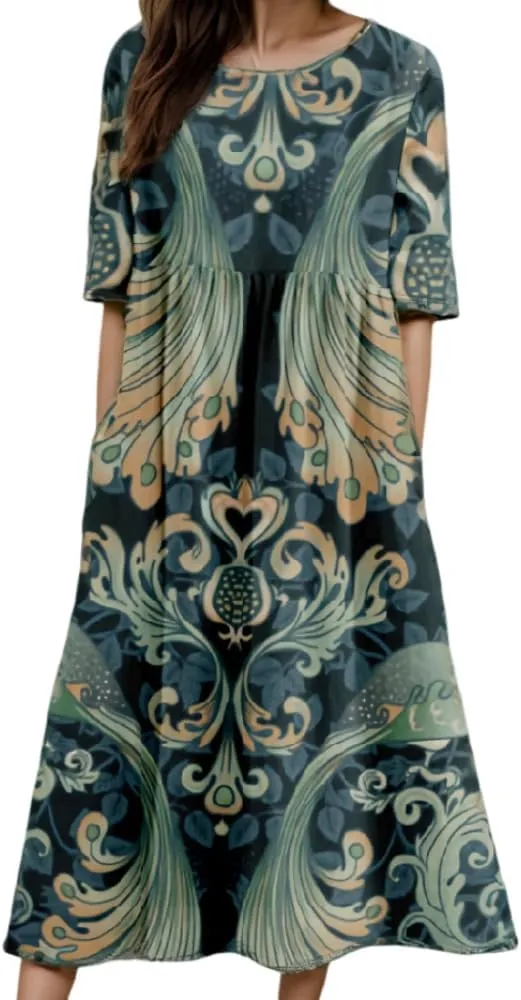 Akivide Women's Spring Summer Colorful Bohemian Maxi Dress with Pocket Casual Boho Floral Print Short Sleeve Flowy Dresses