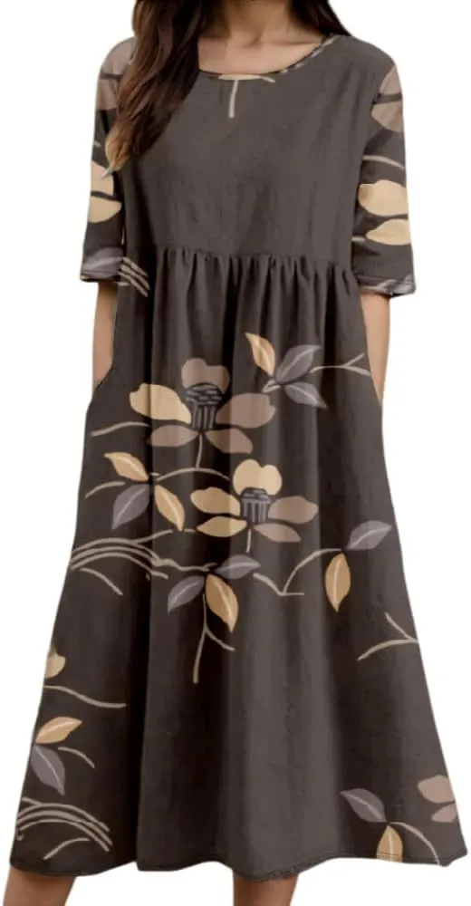 Akivide Women's Spring Summer Colorful Bohemian Maxi Dress with Pocket Casual Boho Floral Print Short Sleeve Flowy Dresses