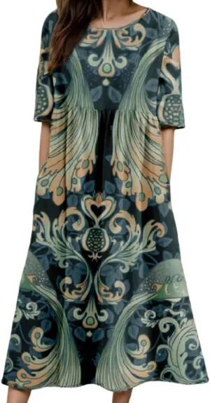 Akivide Women's Spring Summer Colorful Bohemian Maxi Dress with Pocket Casual Boho Floral Print Short Sleeve Flowy Dresses