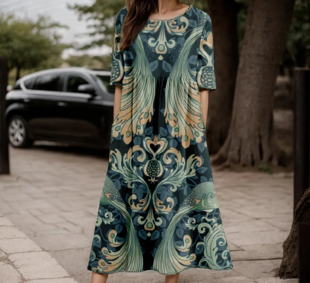 Akivide Women's Spring Summer Colorful Bohemian Maxi Dress with Pocket Casual Boho Floral Print Short Sleeve Flowy Dresses
