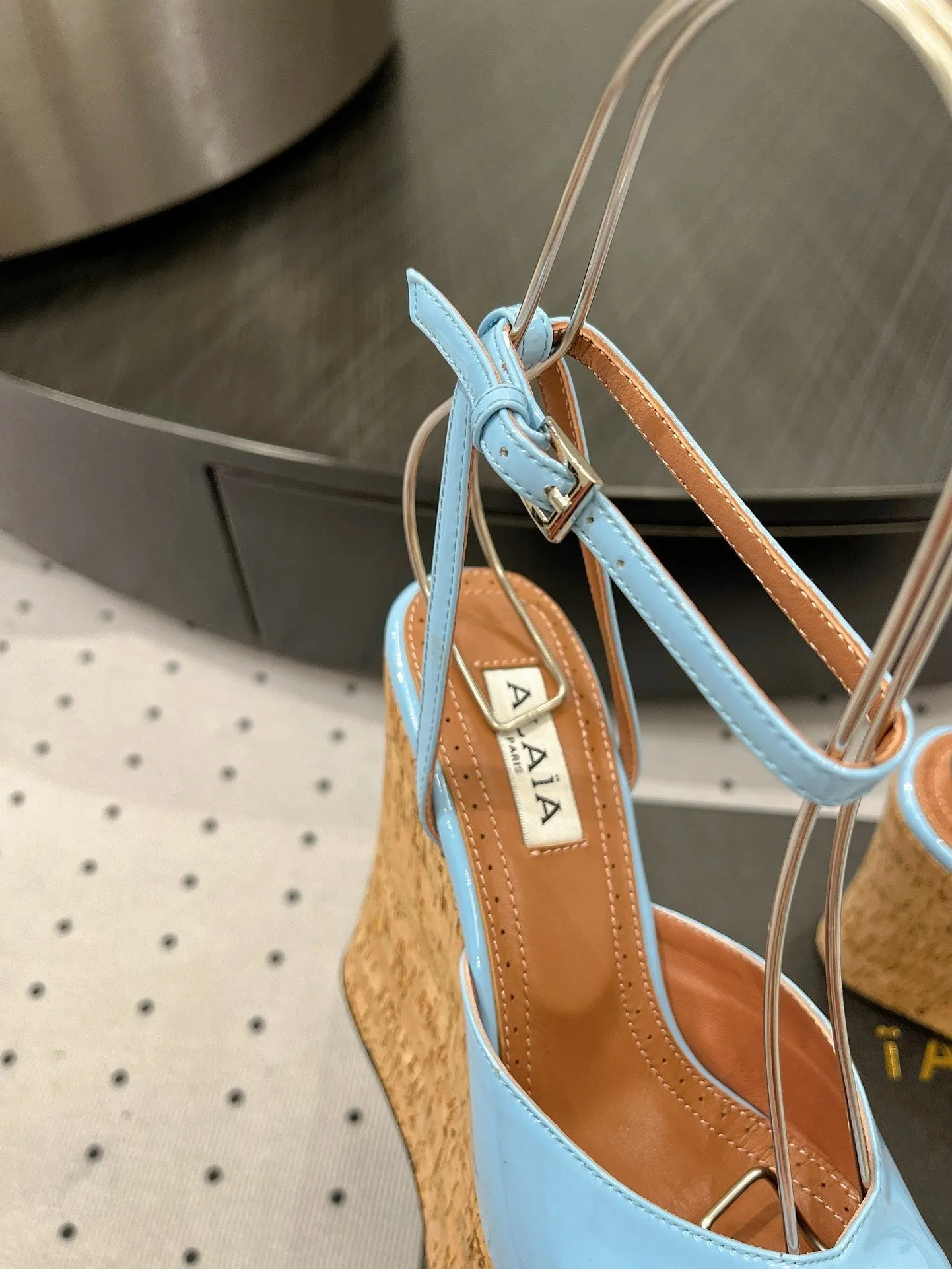 Alaila Wedge Sandals 115mm In Light Blue Glossy Lambskin 954883