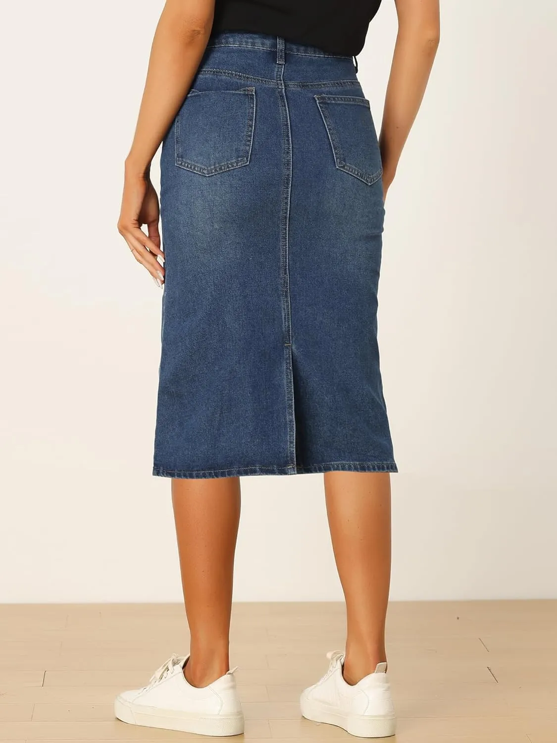 Allegra K Casual Denim Skirt for Women's High Waist Split Back Pockets Midi Jean Skirts